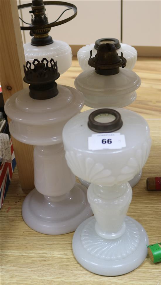 Five white glass oil lamp bases